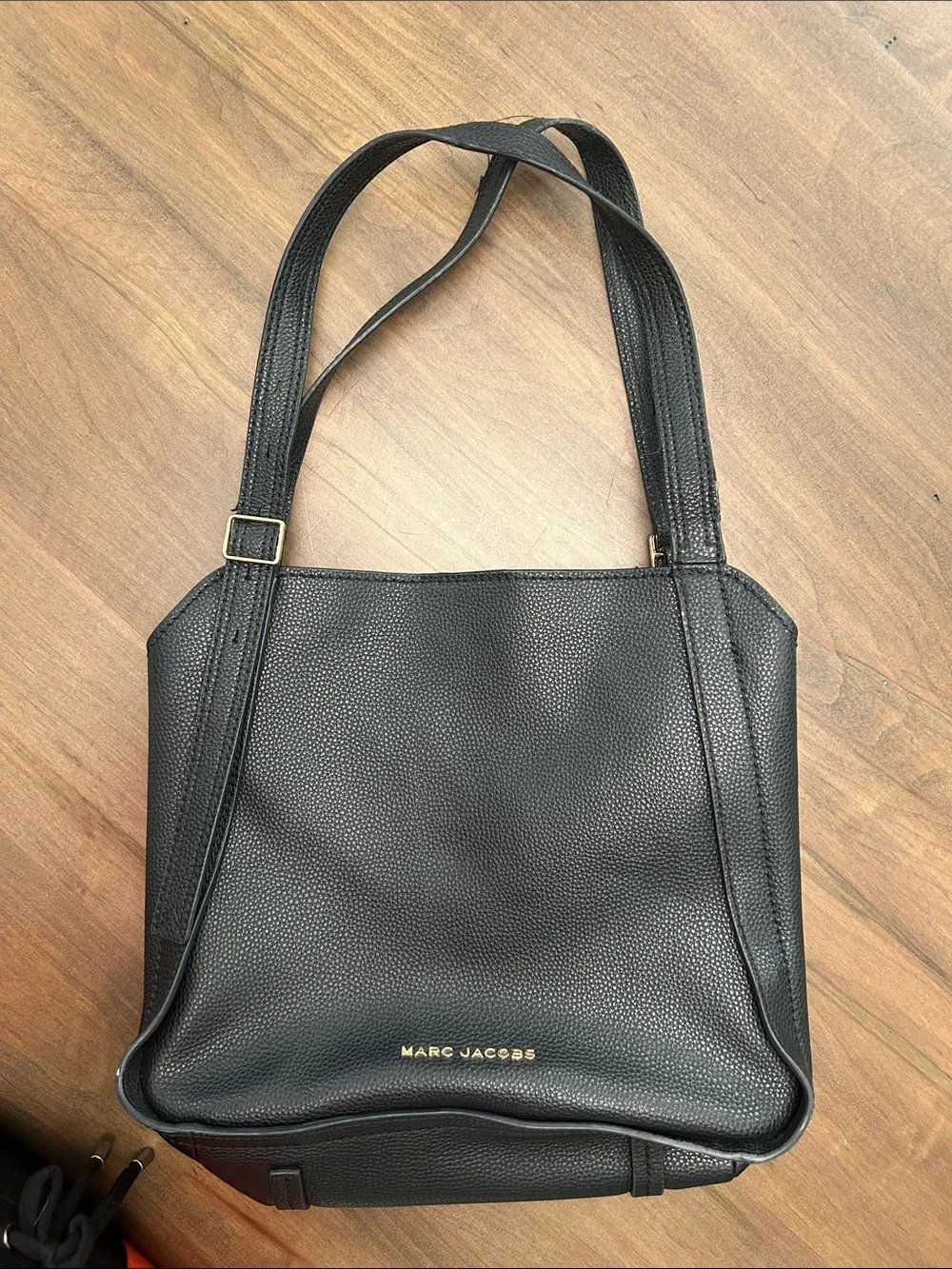 Marc Jacobs Black Pebbled Leather Shoulder Tote with Gold Logo